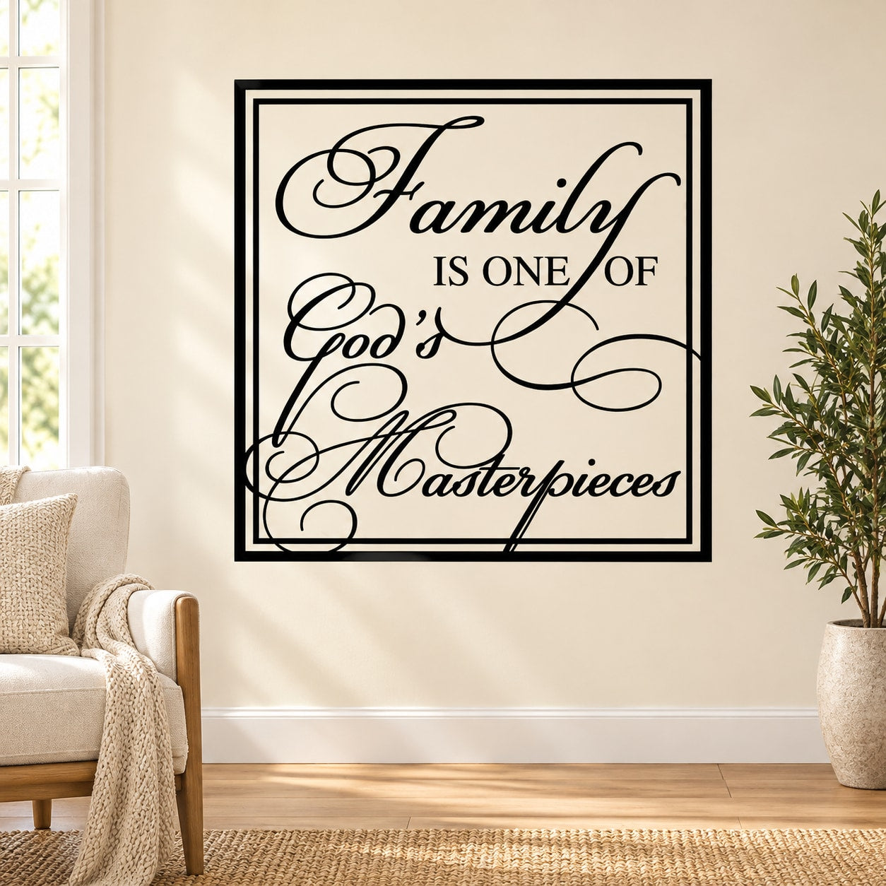 Square wall decal with black frame and script text: Family is one of God's Masterpieces