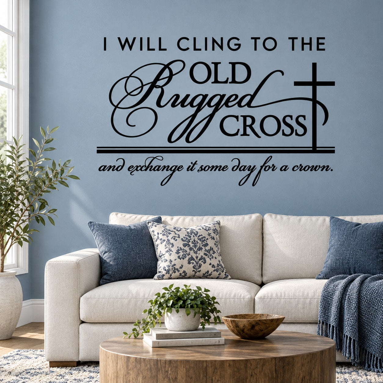 Christian wall decal with quote text in script and a large cross