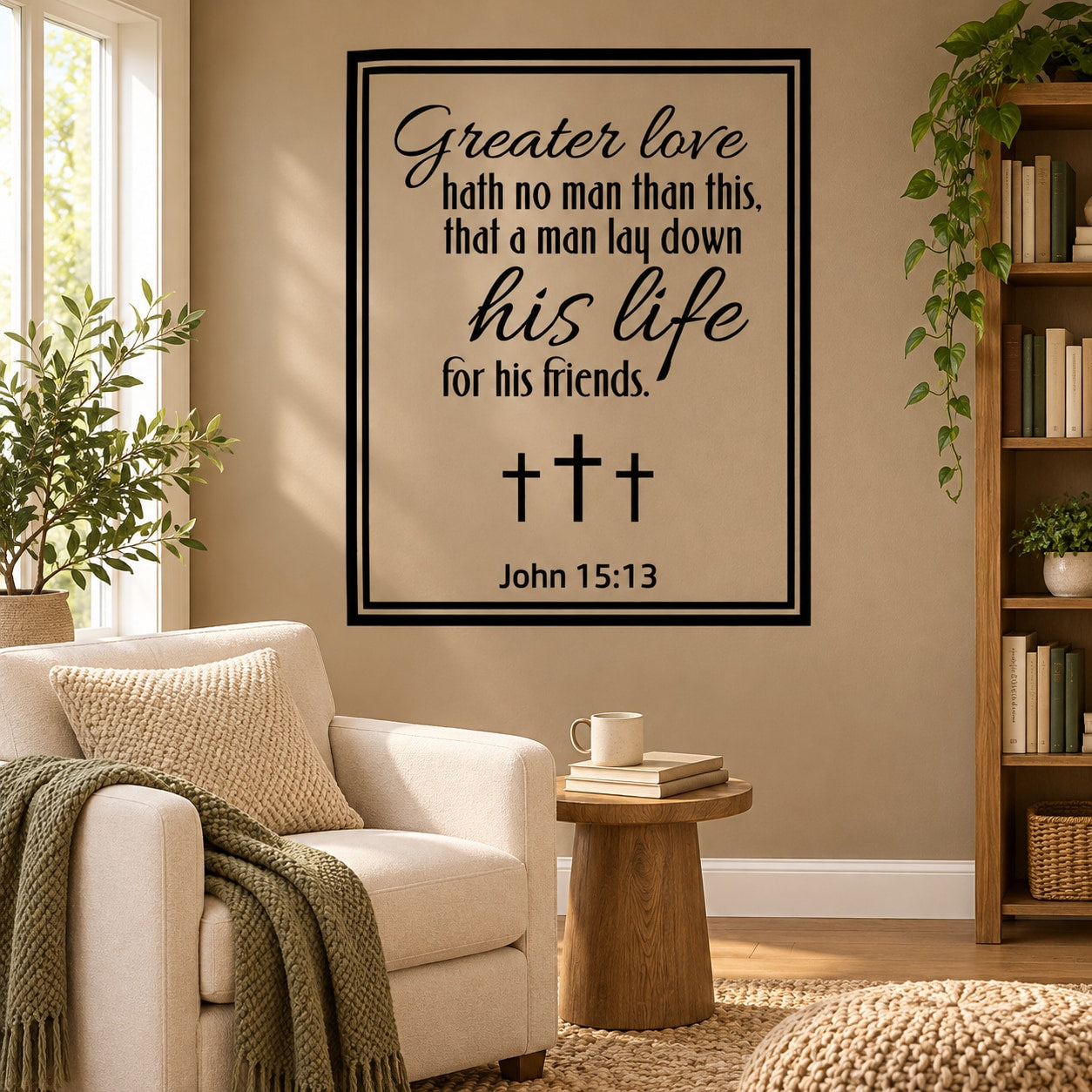 Wall decal framed quote: Greater love... John 15:13 with three cross symbols