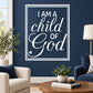White rectangle decal: 'I AM A child OF God' script inside thin border