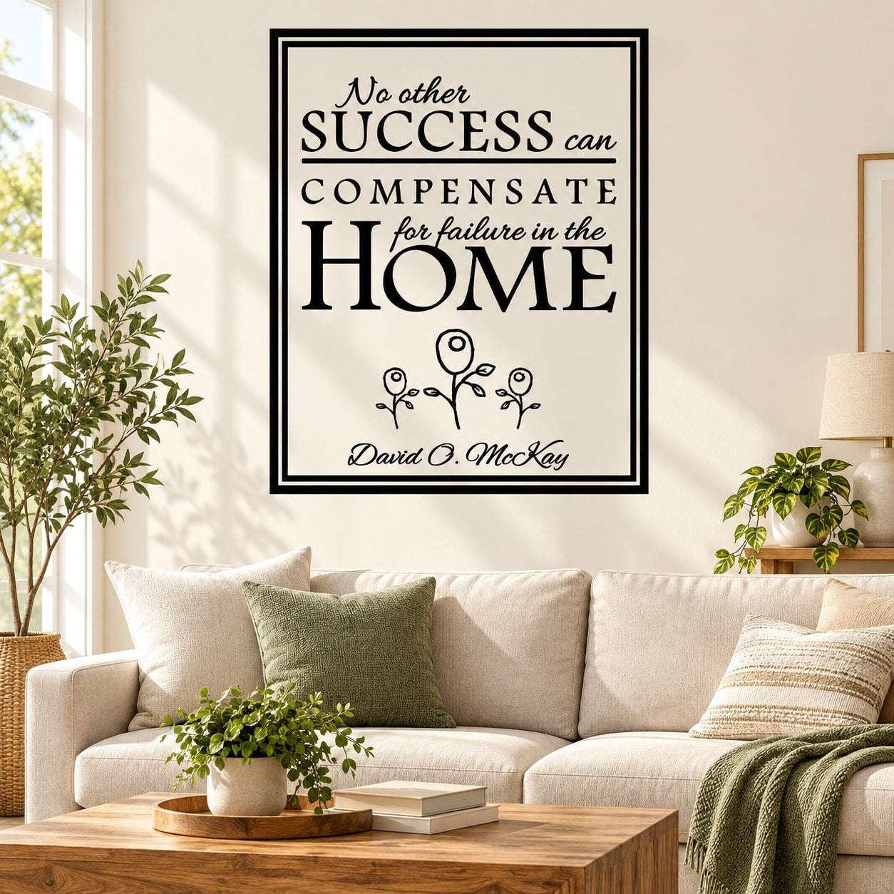 Inspirational quote wall decal with black border and 'No other success...' lettering