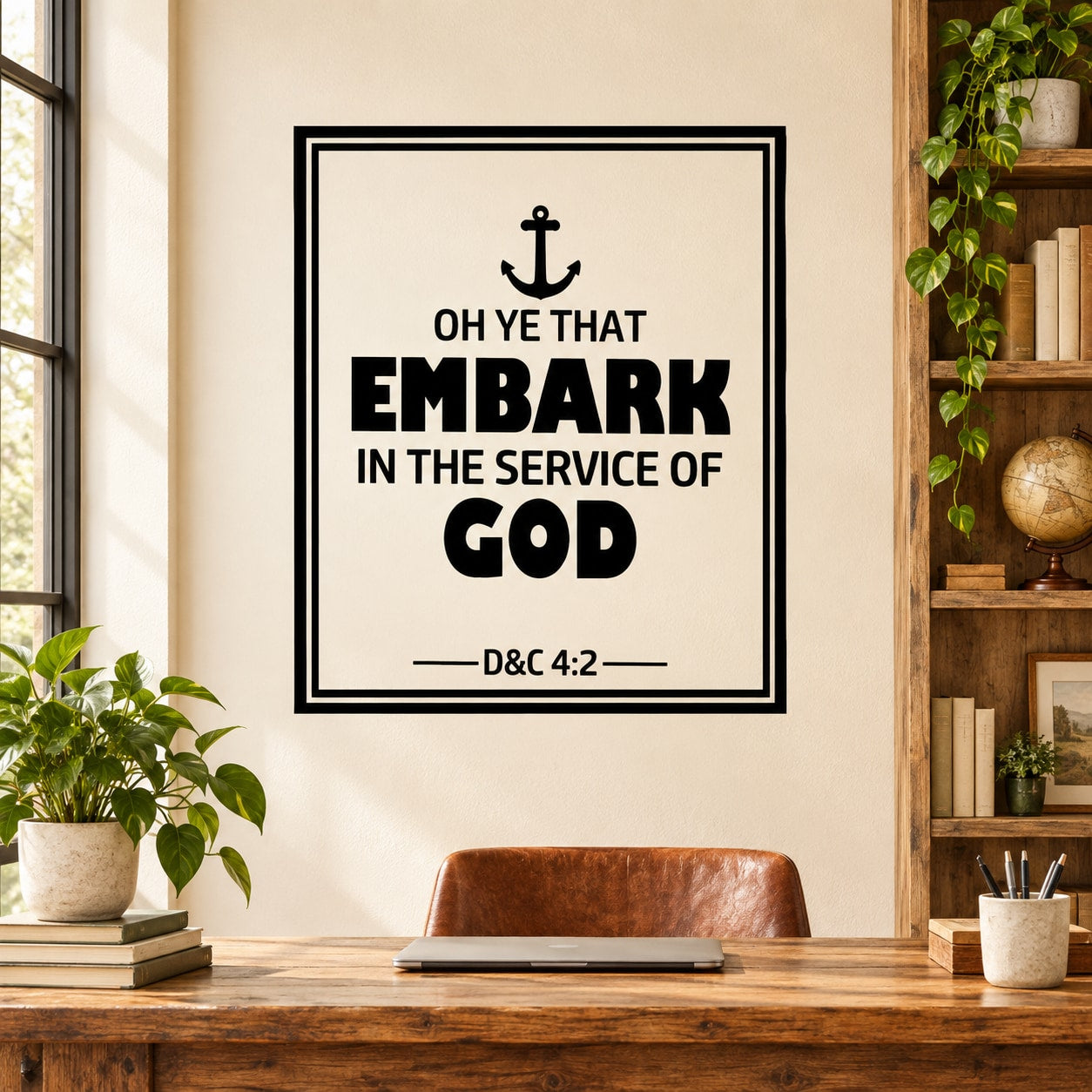 Square religious wall decal with cross icon and text: OH YE THAT EMBARK IN THE SERVICE OF GOD