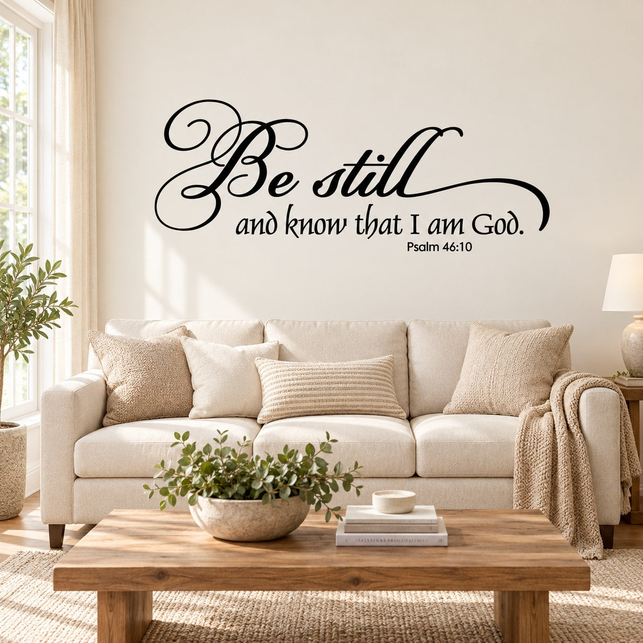 Black cursive wall decal: 'Be still and know that I am God' (Psalm 46:10).