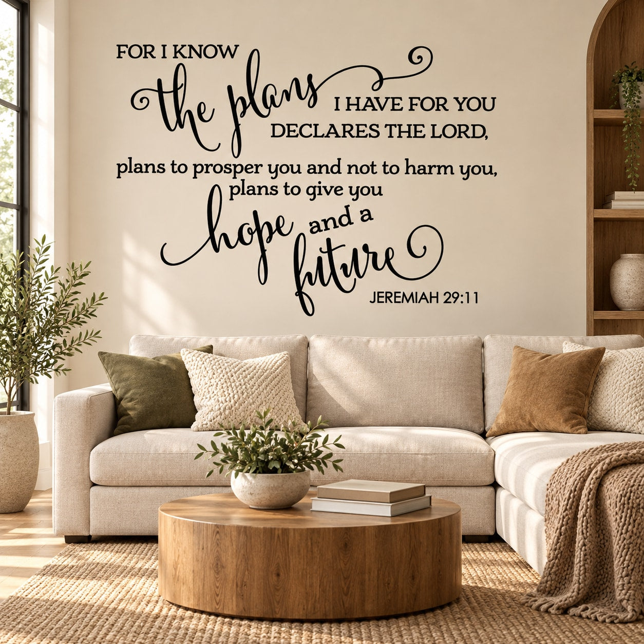 Inspirational wall decal with black script verse Jeremiah 29:11 and swirling typography