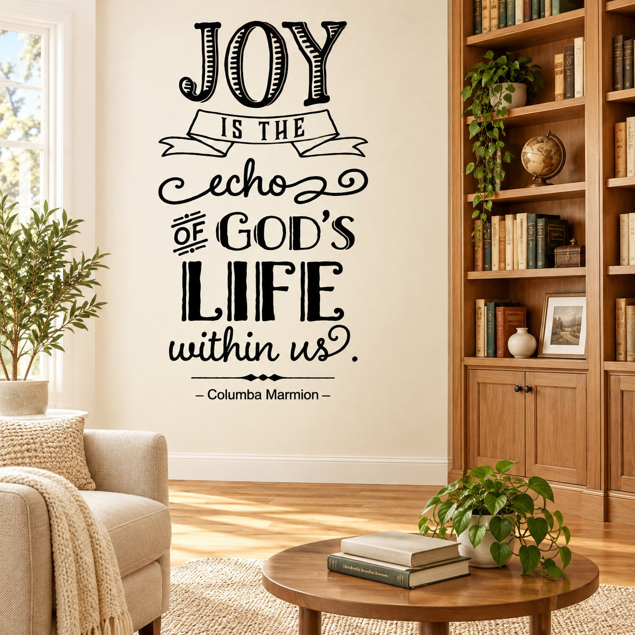 Wall decal featuring 'JOY IS THE echo of GOD'S LIFE within us' lettering