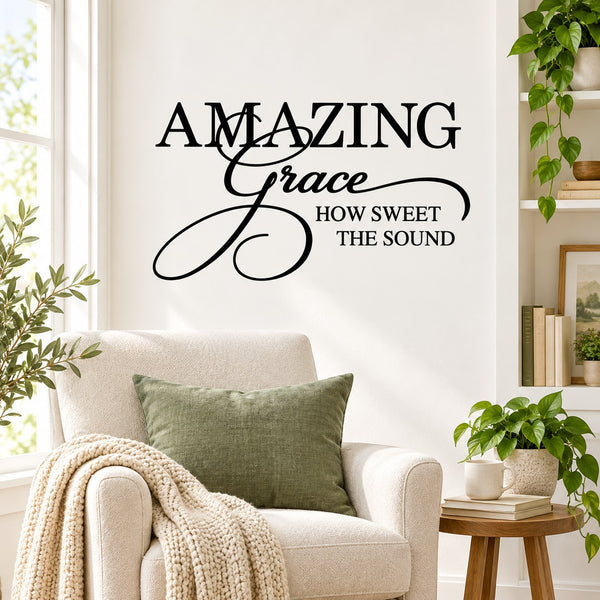 Amazing Grace wall decal with cursive lettering and quote text, black