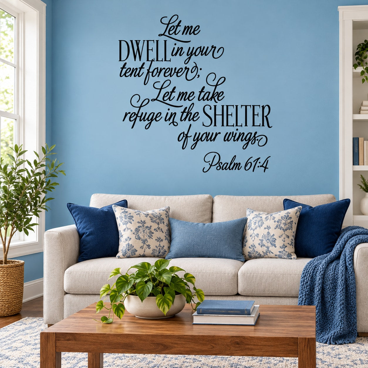 Scripture wall decal in blue with 'Psalm 61:4'