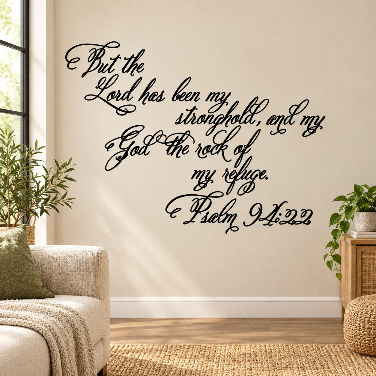 Bible verse wall decal with elegant black script lettering: Psalm 94:22