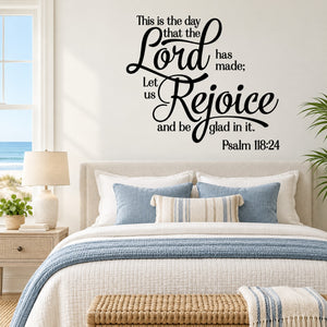 Wall decal with “This is the day ... Rejoice” and Psalm 118:24