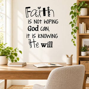 Faith quote wall decal with hand-lettered text and small cross icon