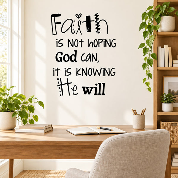 Faith quote wall decal with hand-lettered text and small cross icon