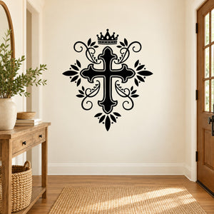 Ornate cross crown wall decal with crown, flourishes, and floral details in black