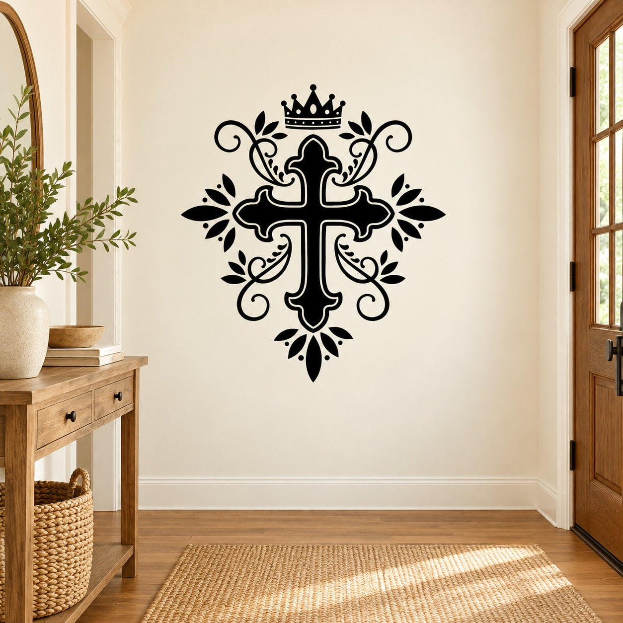 Ornate cross crown wall decal with crown, flourishes, and floral details in black
