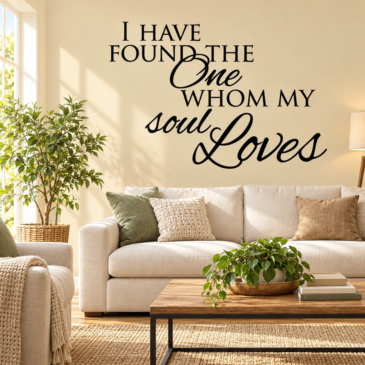 Wall decal with black lettering: 'I HAVE FOUND THE One WHOM MY soul Loves'