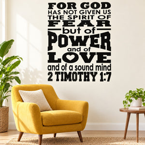 Black typography Bible verse wall decal with "2 Timothy 1:7"