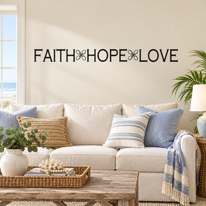 Faith Hope Love wall decal with clover-style separators in black text