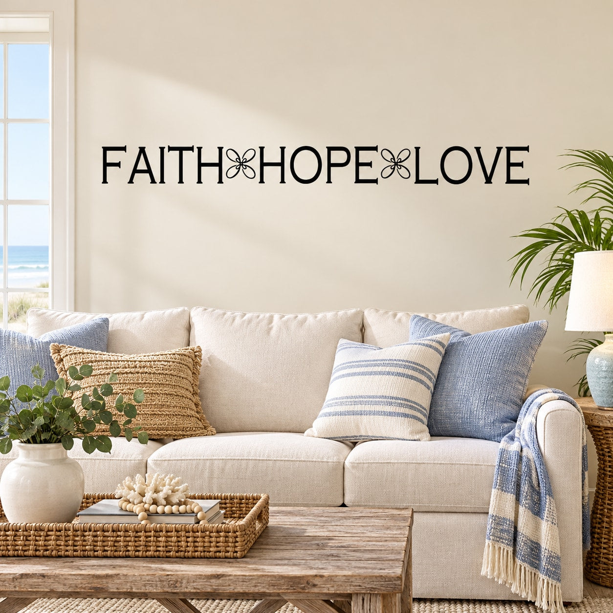 Faith Hope Love wall decal with clover-style separators in black text