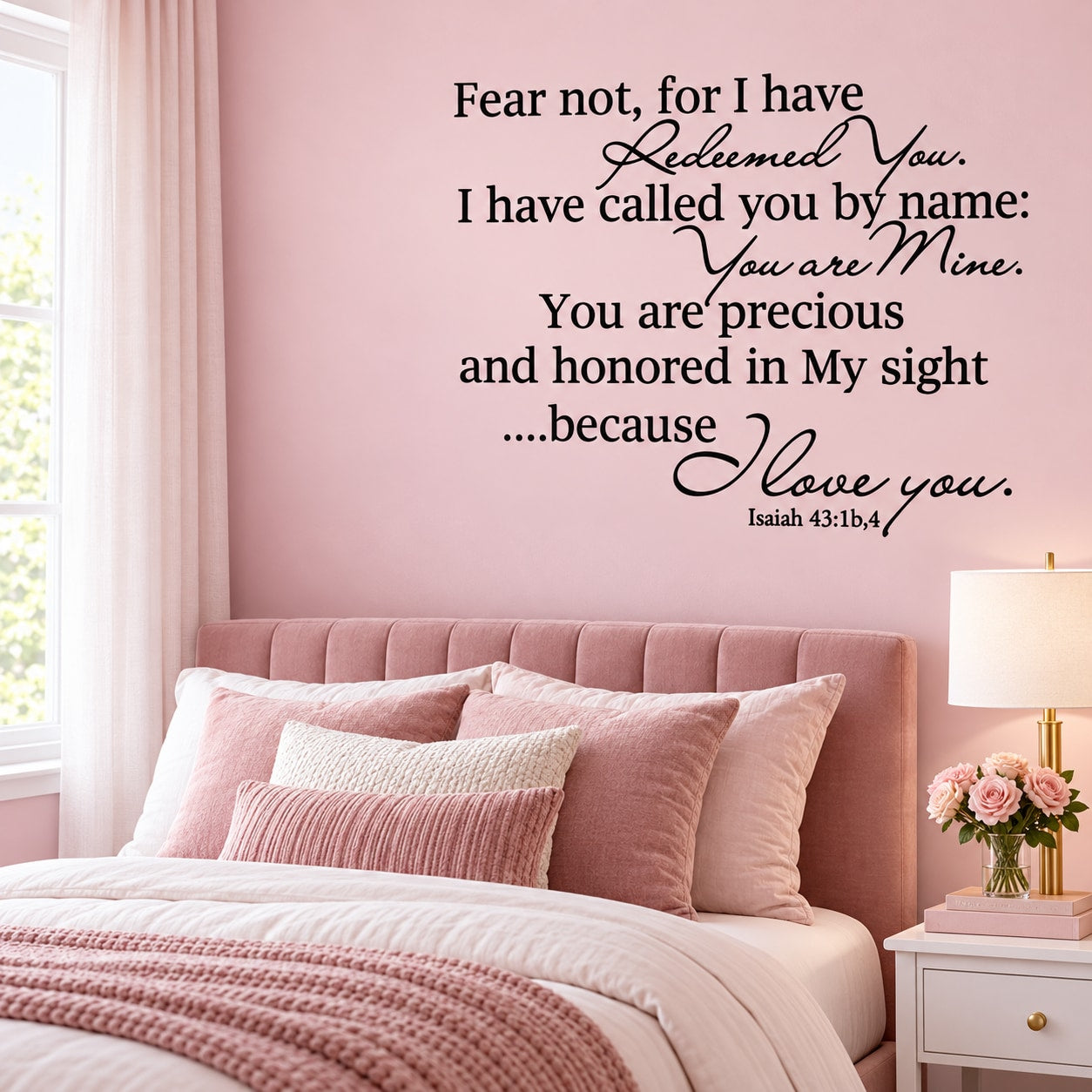 Inspirational wall decal with scripture text and Redeemed You Love You design
