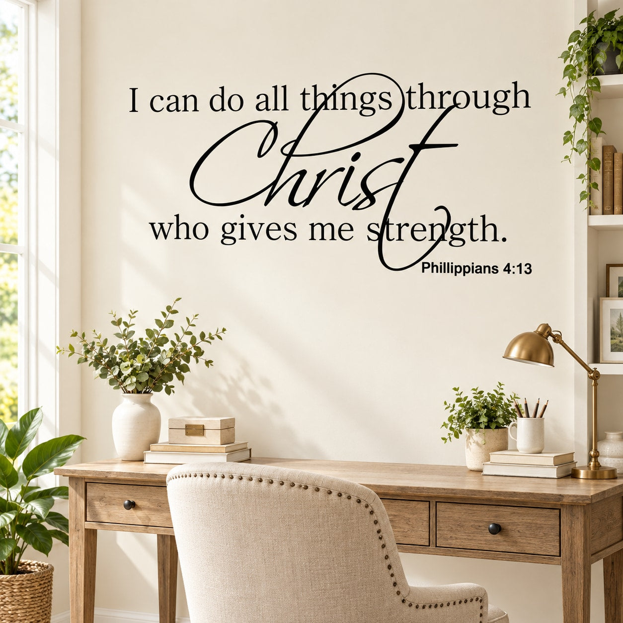 Inspirational wall decal with cursive “Christ” and “Phillippians 4:13” text