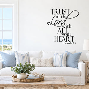 Inspirational wall decal with black script and bold quote text, Proverbs 3:5