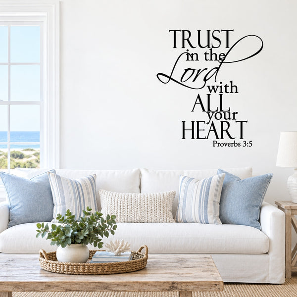 Inspirational wall decal with black script and bold quote text, Proverbs 3:5