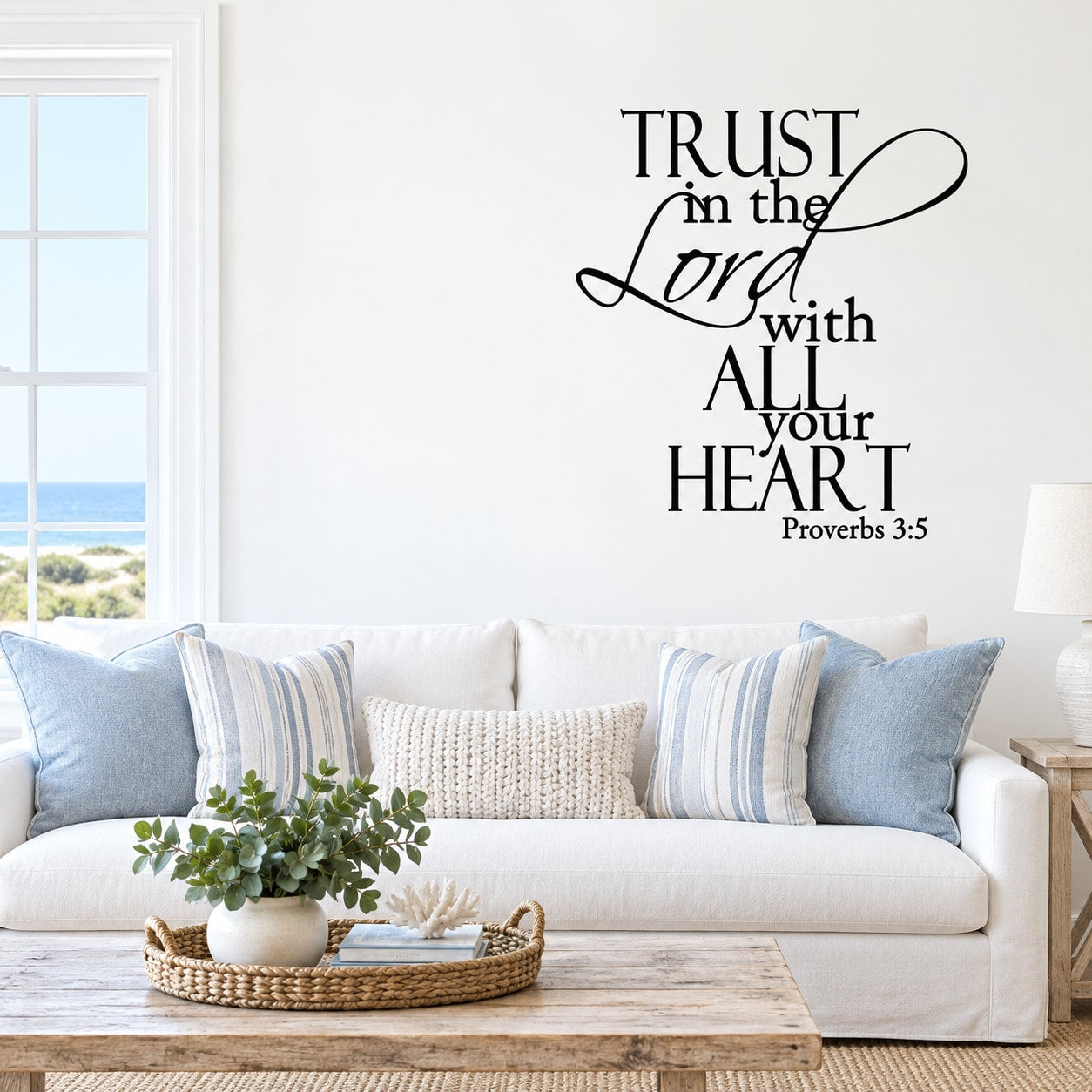 Inspirational wall decal with black script and bold quote text, Proverbs 3:5