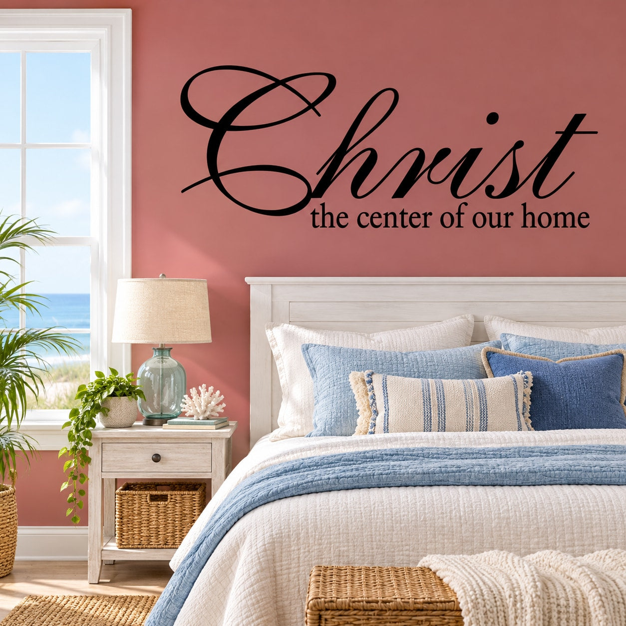 Black wall decal with cursive “Christ” and “the center of our home” quote