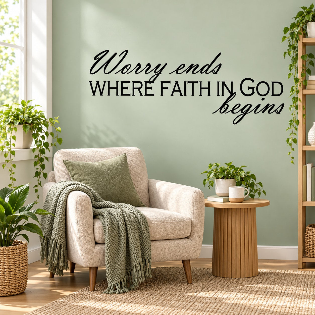 Inspirational wall decal with cursive 'Worry ends' and 'begins' around 'WHERE FAITH IN GOD' text