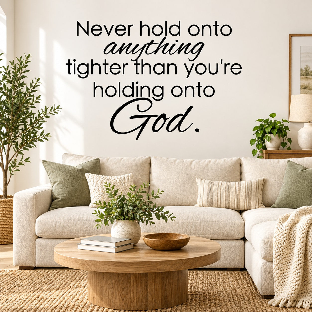 Inspirational wall decal with script quote about holding on to God, black lettering