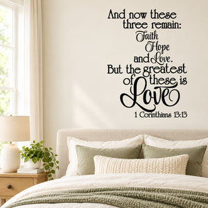 Inspirational wall decal featuring Faith, Hope, and Love and 1 Corinthians 13:13 text