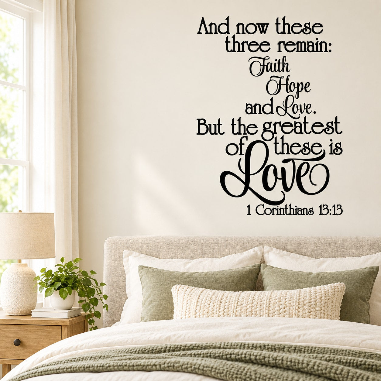 Inspirational wall decal featuring Faith, Hope, and Love and 1 Corinthians 13:13 text