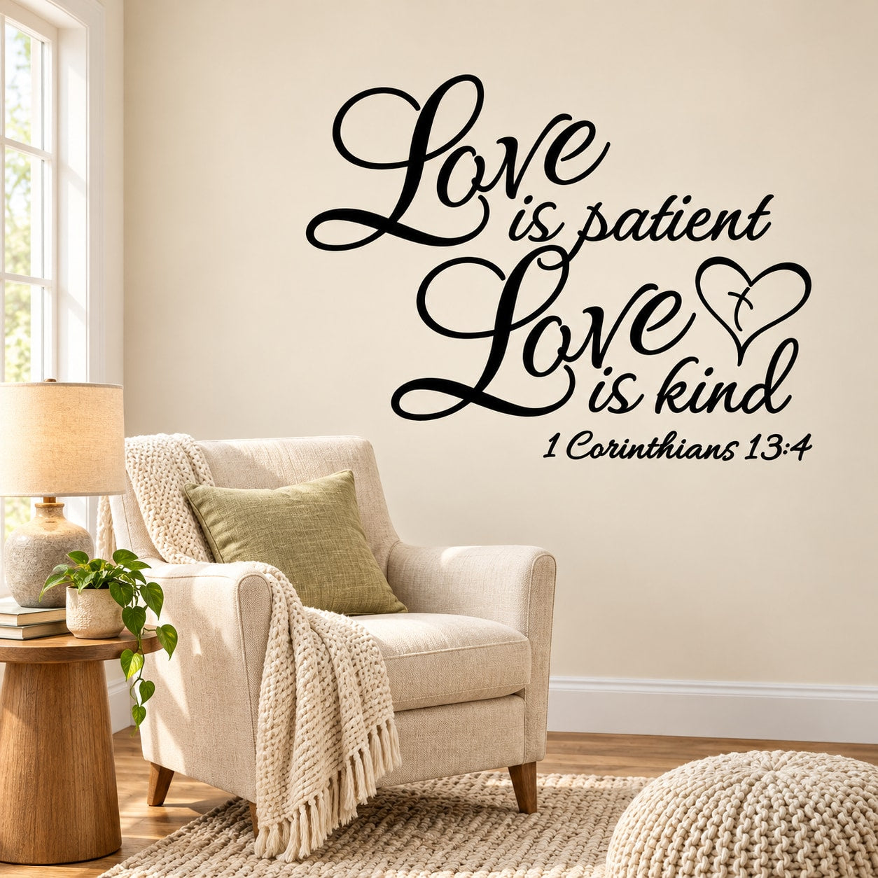 Black script wall decal: Love is patient, Love is kind, 1 Corinthians 13:4