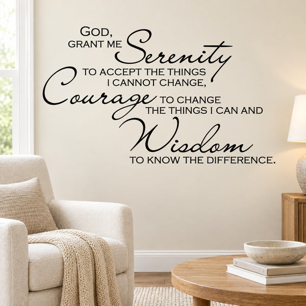 Inspirational Serenity wall decal with quote text in black script and uppercase.