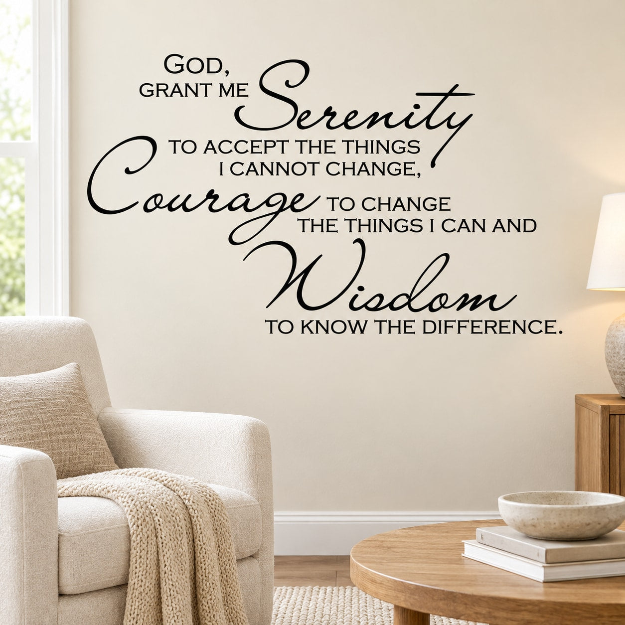 Inspirational Serenity wall decal with quote text in black script and uppercase.