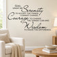 Inspirational Serenity wall decal with quote text in black script and uppercase.