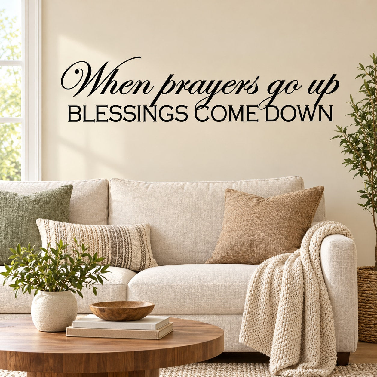 Wall decal with quote lettering: 'When prayers go up, Blessings come down'