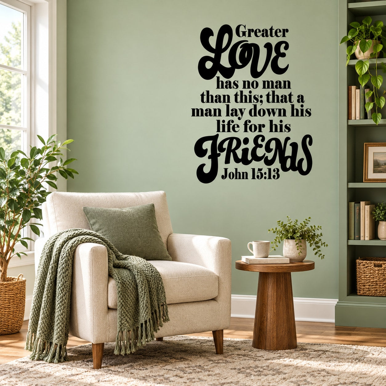 Religious wall decal with black quote “Greater Love… John 15:13”