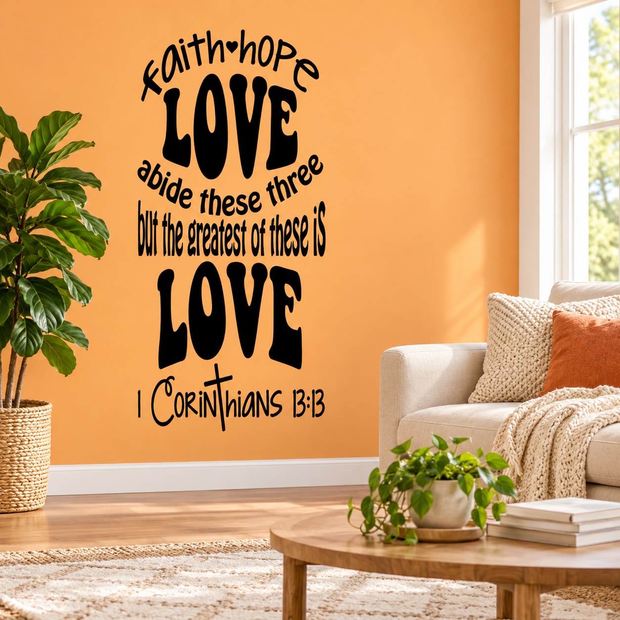 Black typographic wall decal: Faith, Hope, Love, and 1 Corinthians 13:13 text.