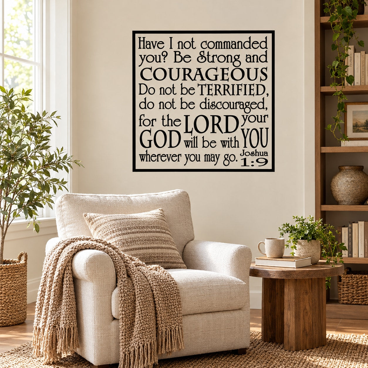 Joshua 1:9 quote wall decal in black-bordered text box on white.