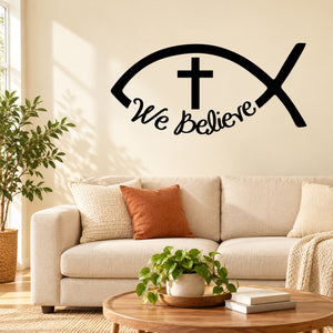 Jesus fish decal with cross and "We Believe" script
