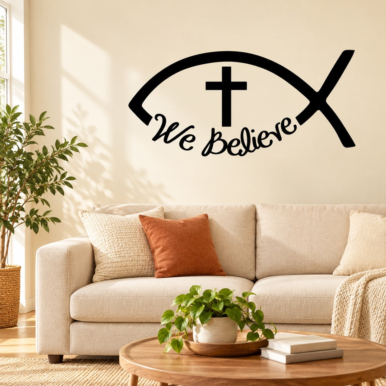 Jesus fish decal with cross and "We Believe" script