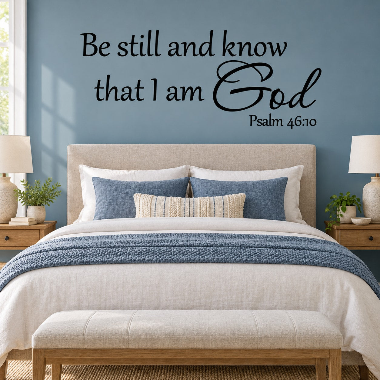 Wall decal text: Be still and know that I am God, Psalm 46:10