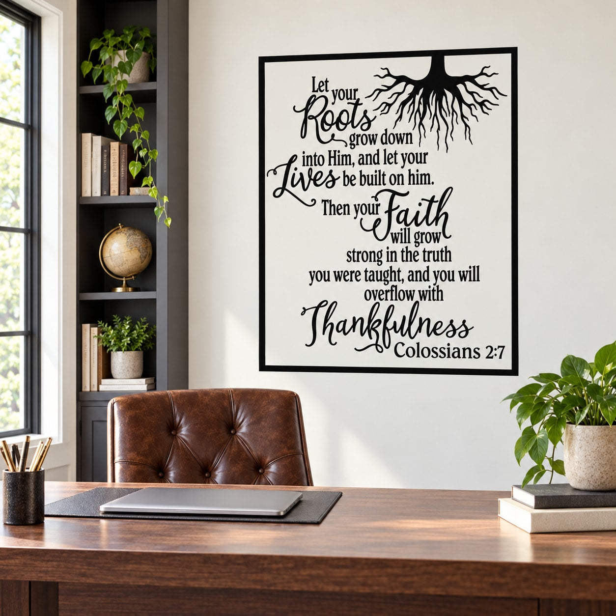 Black-and-white scripture wall decal with tree roots and branch text, Colossians 2:7
