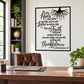 Black-and-white scripture wall decal with tree roots and branch text, Colossians 2:7