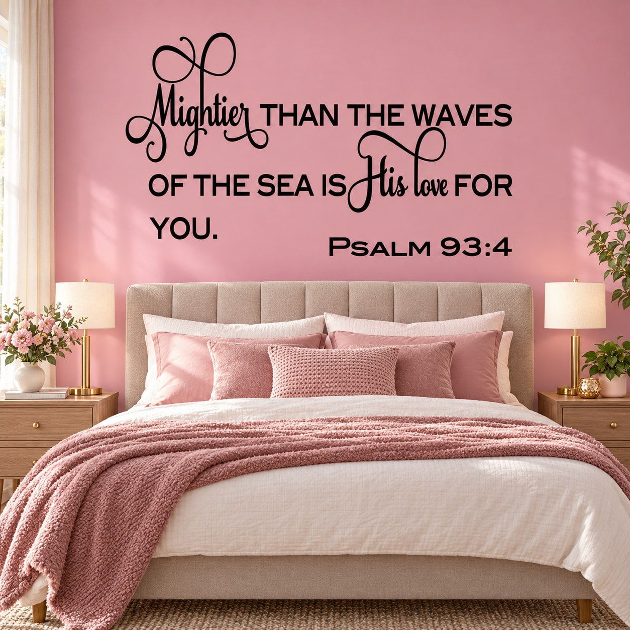 Bible verse wall decal in black and pink script: Psalm 93:4, His love for you