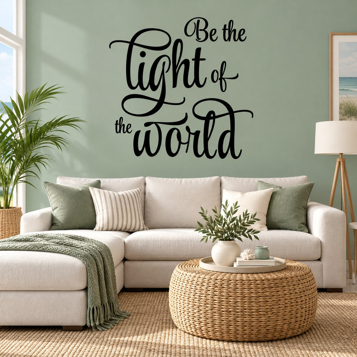 Black script wall decal reading 'Be the light of the world'