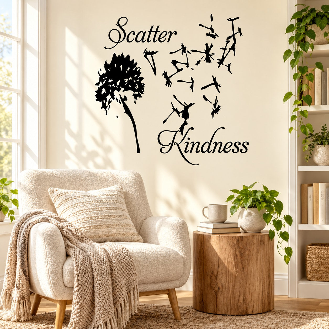 Dandelion wall decal reading 'Scatter Kindness' with seed silhouettes