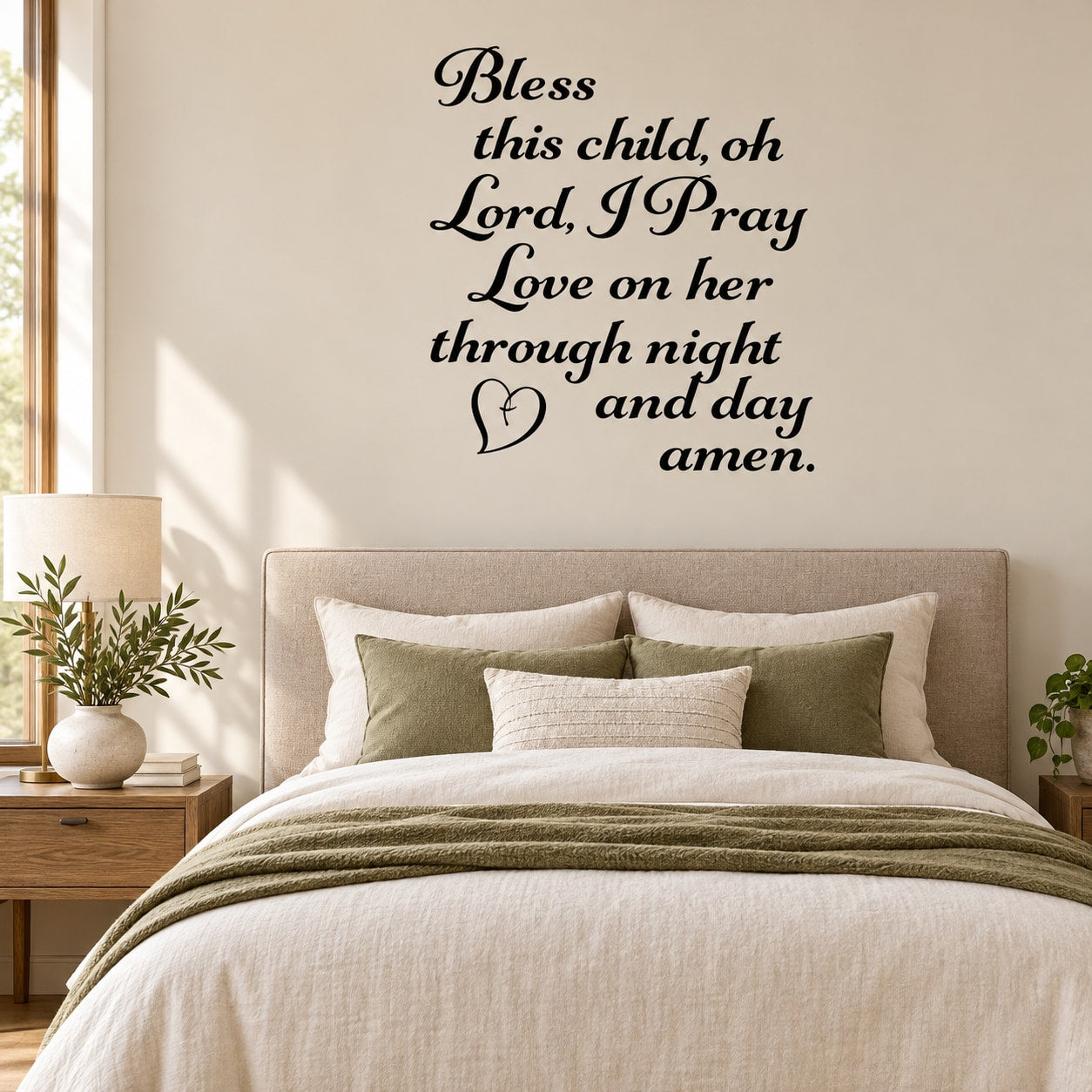 Wall decal with black cursive quote text: Bless this child, oh Lord