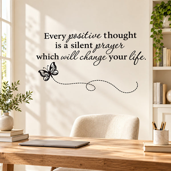 Inspirational wall decal with quote in black script, butterfly and dotted swirls