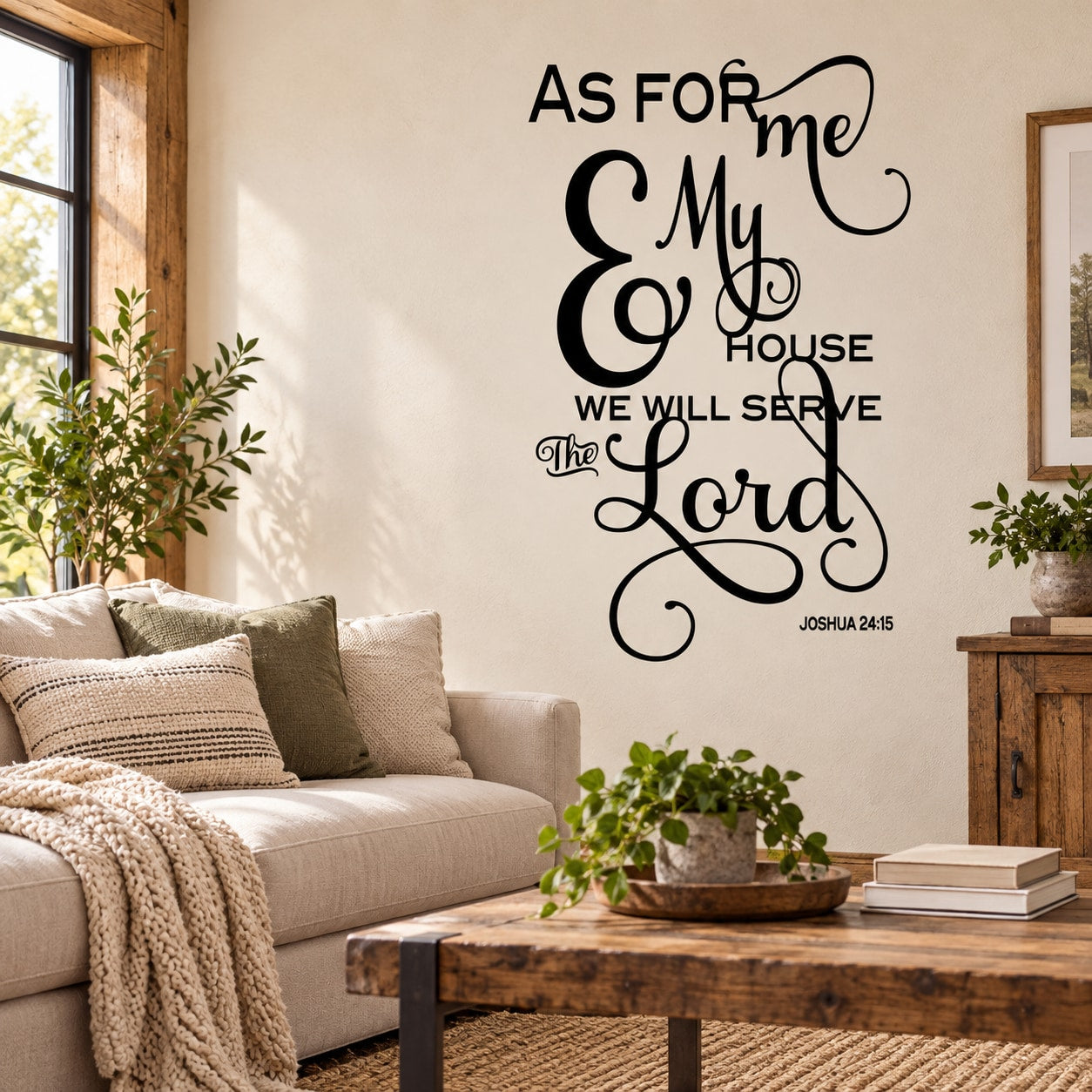 Black vinyl wall decal with As for me, My House, and Joshua 24:15 verse